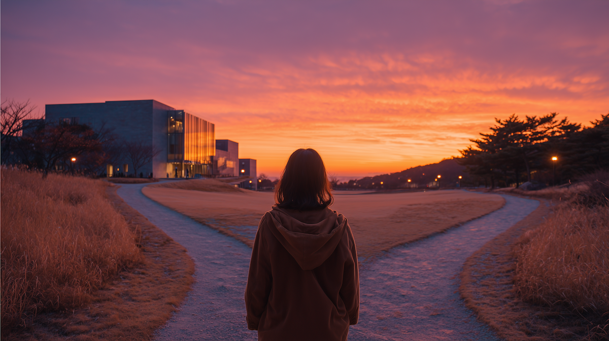 A woman standing at a crossroads at sunset, with a modern house visible on the left and streetlamps and trees on the right.