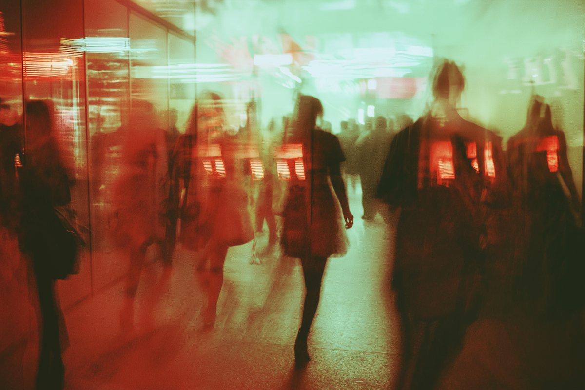 Surreal image of people walking in an urban environment
