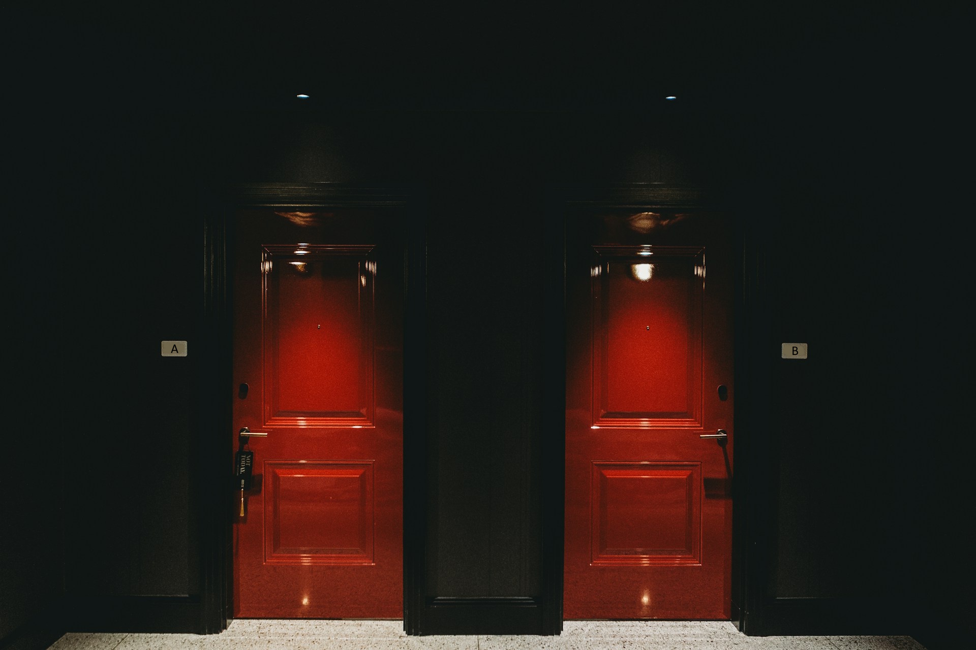 A pair of red doors in a poorly-lit alley.